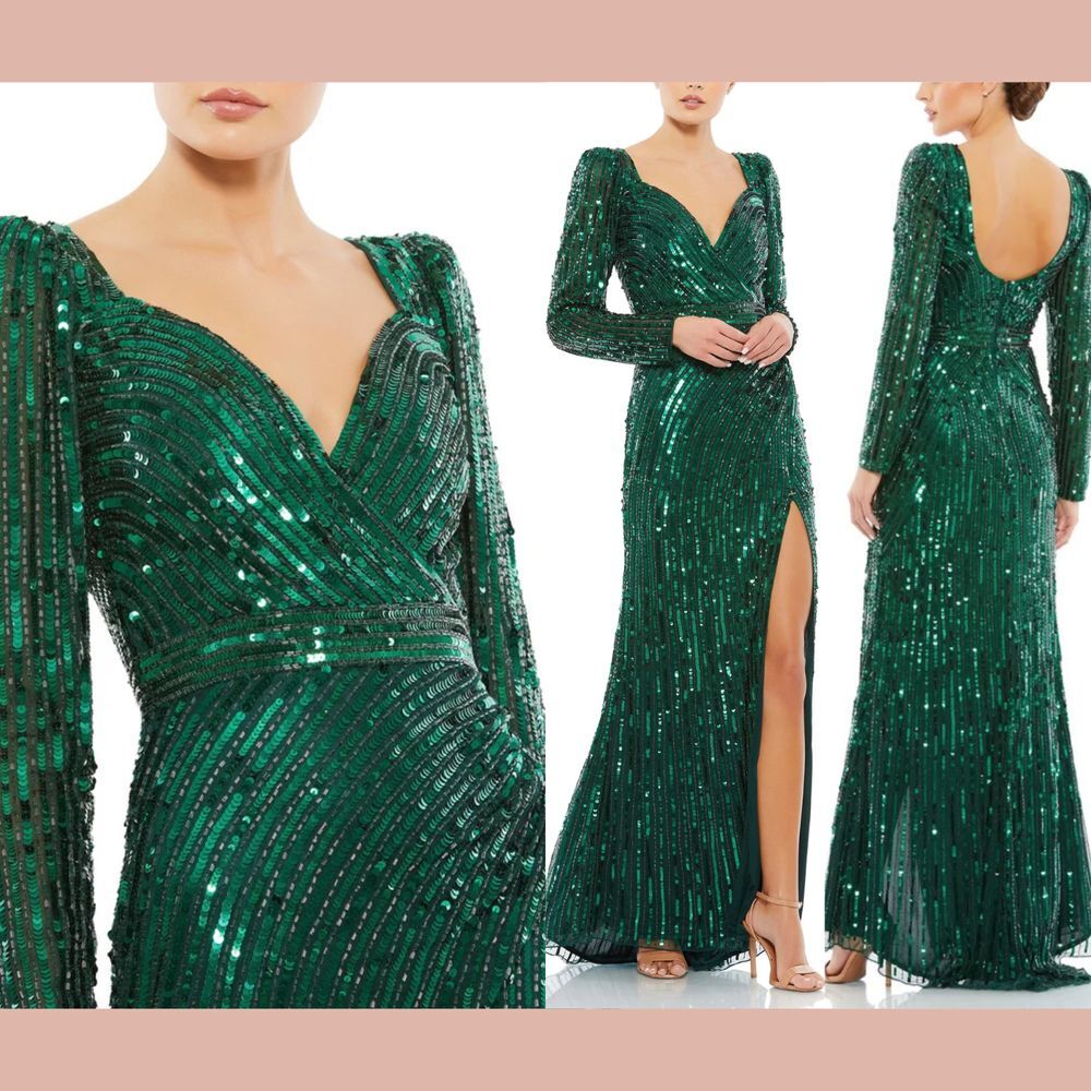 NWT Mac Duggal‎ [ 6 ] 5379 Sequined Sweetheart Long Sleeve Gown Forest Green
